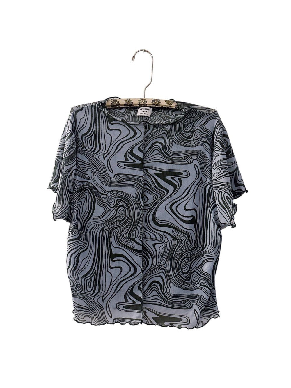 Cotton On Mesh Short Sleeve Top Wavey Trippy Print Green Blue Lettuce Hem